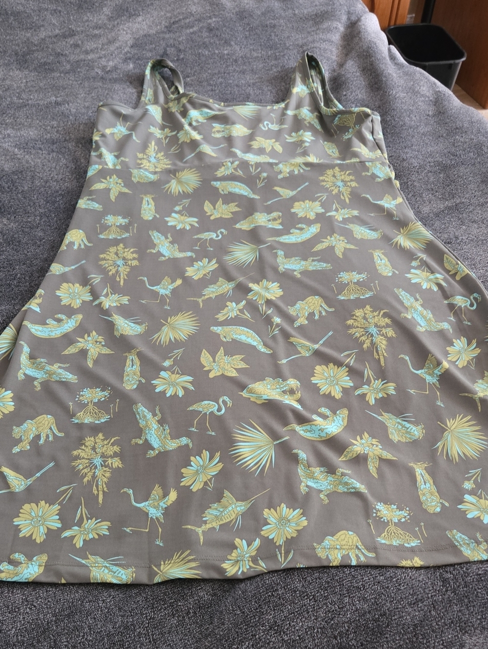 Columbia Tropical Print Slip Dress in Olive with Mint Accents Stretch